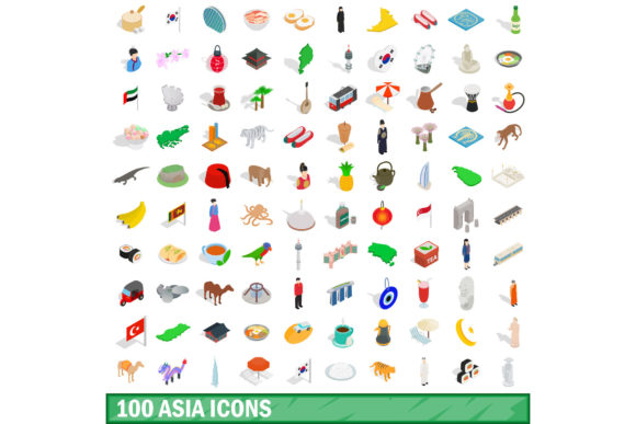 100 Asia Icons Set: Isometric 3D Style for Modern Design