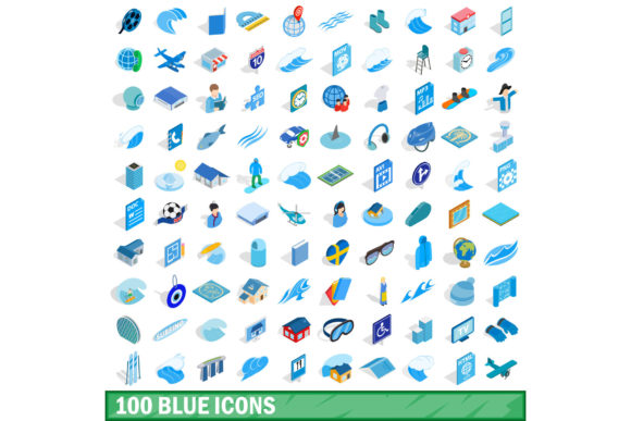 100 Blue Icons Set: Isometric 3D Style for Modern Design