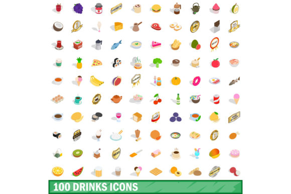 100 Drinks Icons Set: Isometric 3D Style
