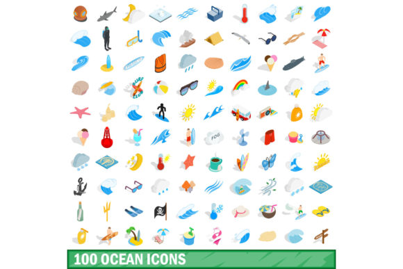 100 Ocean Icons Set: Isometric 3D Style