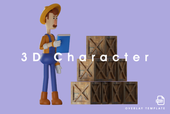 3D Farmer Checking a Pile of Wooden Boxes