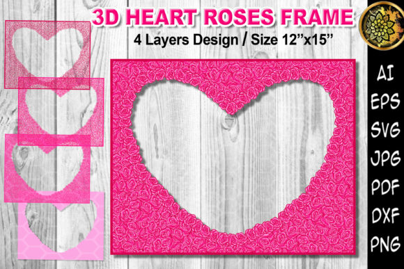 3D Heart Pink Roses Layered Frame